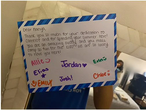 Handwritten thank-you card from campers thanking Aanya for being an amazing buddy