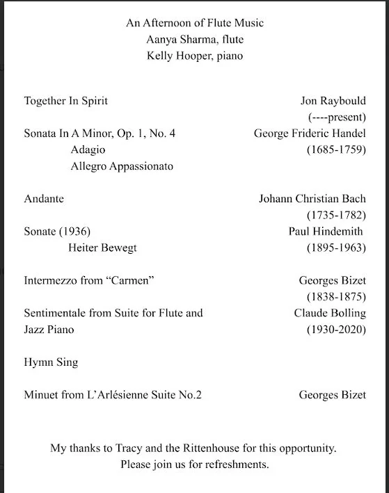 Printed program for An Afternoon of Flute Music with Aanya Sharma, flute, and Kelly Hooper, piano