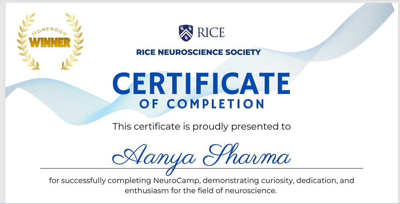 Rice Neuroscience Society NeuroCamp certificate of completion for Aanya Sharma