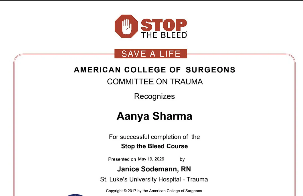 American College of Surgeons Stop the Bleed certificate awarded to Aanya Sharma