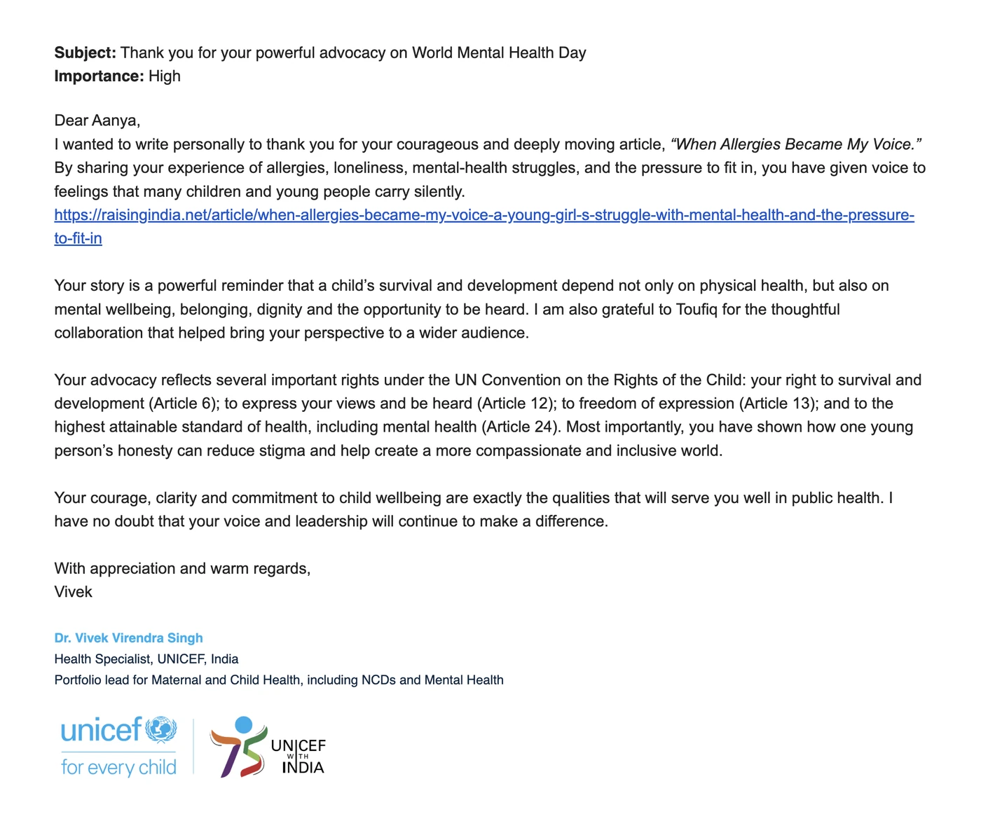 Letter to Aanya from Dr. Vivek Virendra Singh, Health Specialist, UNICEF India, thanking her for her essay on World Mental Health Day. Personal contact details removed.